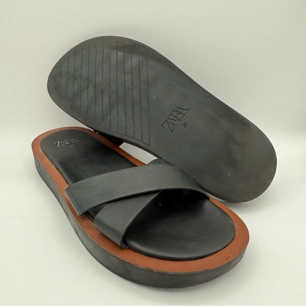 Women’s Zara Black Brown Minimal Flat Slip-On‎ Comfortable Strap Sandals Size 39